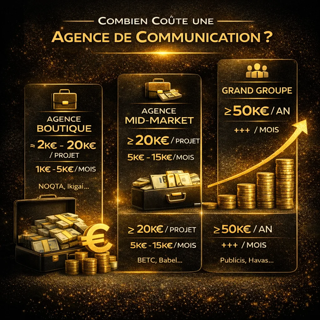 Infographie : combien coûte une agence de communication, tarifs agence boutique, mid-market et grand groupe