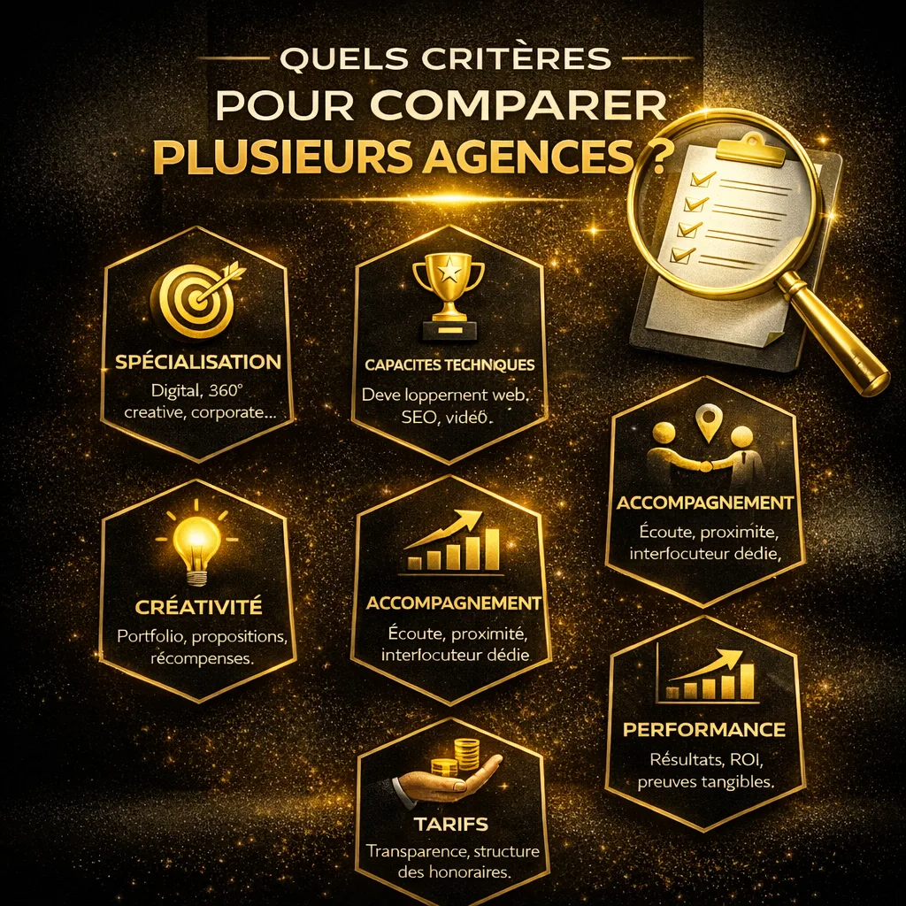 Infographie : les critères pour comparer plusieurs agences de communication, spécialisation, capacités techniques, créativité, accompagnement, tarifs, performance