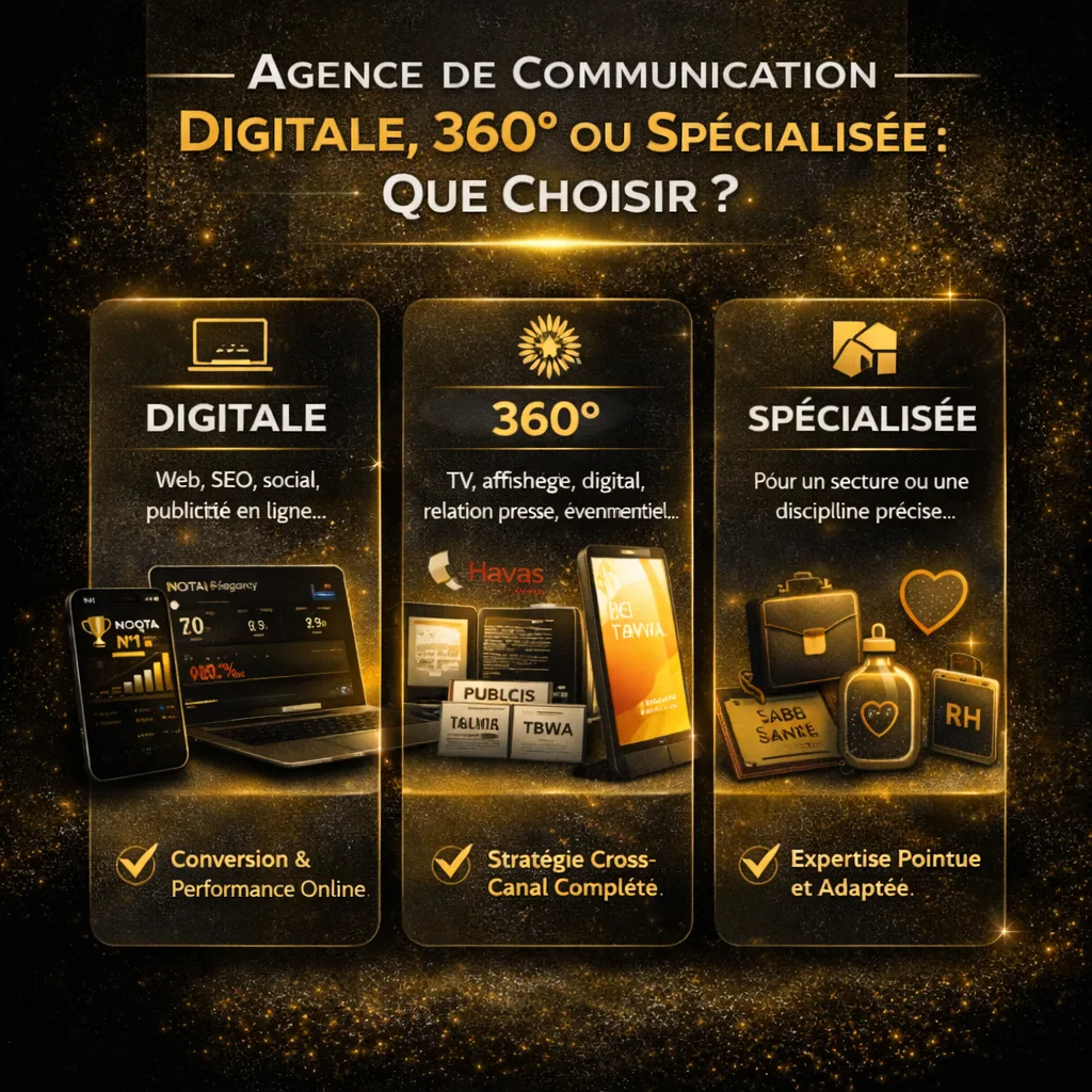 Infographie comparative : agence de communication digitale vs 360° vs spécialisée, avantages et cas d'usage